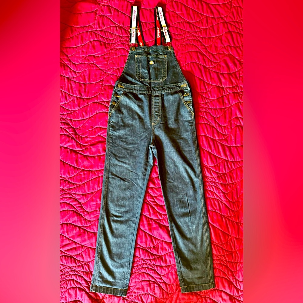 Dickies Denim Overalls Logo Strap Dark Wash Classic Utility Workwear Size Small